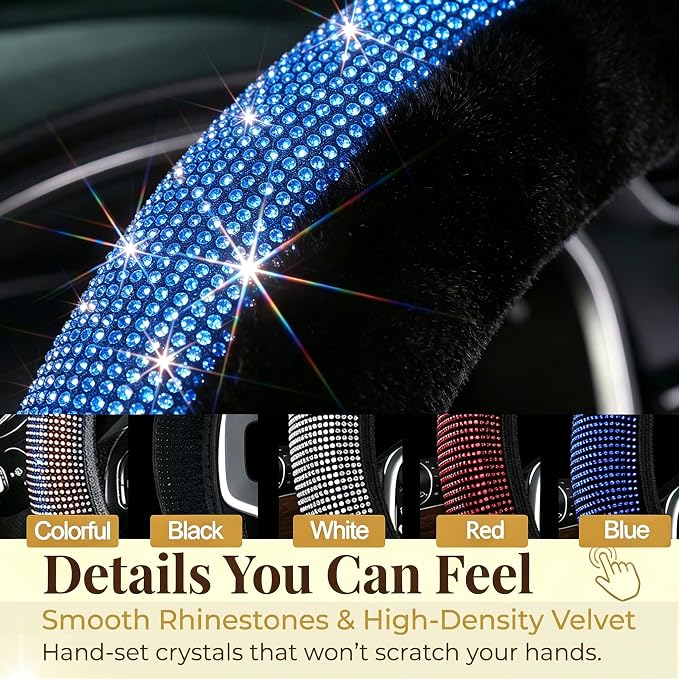 Bling Steering Wheel Cover Fluffy Rhinestone for Women Girls | Blue Diamond Elastic Car Steering Wheel Accessories Sparkling Fur Steering Wheel Protector Winter Warm Universal Fit 14"-15"