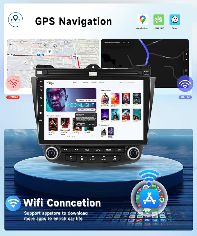for Honda Accord 7th 2003 2004 2005 2006 2007 Android Car Stereo with Wireless Carplay/Android Auto 10.1" Touchscreen Autoradio Support WiFi GPS Navigation Backup Camera SWC FM/RDS Radio 2G+64G