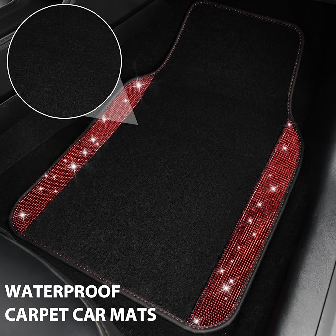 Bling Diamond Car Floor Mats, Shining Rhinestone Carpet Sparkly Glitter Crystal with Anti-Slip PVC Heel Pad Waterproof Universal Fit Automotive SUV,Sedan,Van,Cute Girl Women,4pcs Black Red