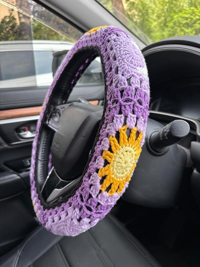 Handmade Crochet Sun Moon Car Steering Wheel Covers Universal 14-15 inch,Cute Steering Wheel Cover,Car Accessories (B:Wheel Cover+2 Belt Cover)