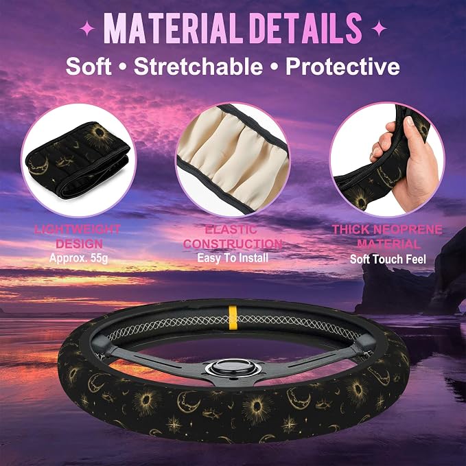 Celestial Sun Moon Star Steering Wheel Cover for Women Men Neoprene Breathable Wheel Cover Protector Anti-Slip Car Accessories Universal 15 Inch Fit for Cars Trucks Vehicles