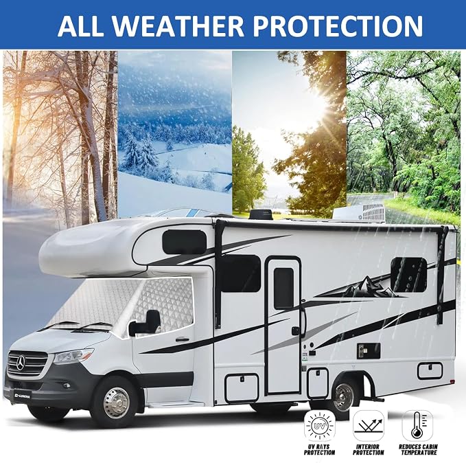 RV Windshield Cover for Class B Dodge Merce-des Benz Sprinter 2007-2016 Motorhome, RV Windshield Window Snow Cover for Front Window Sunshade Cover, RV Accessories with Mirror Cutouts Silver