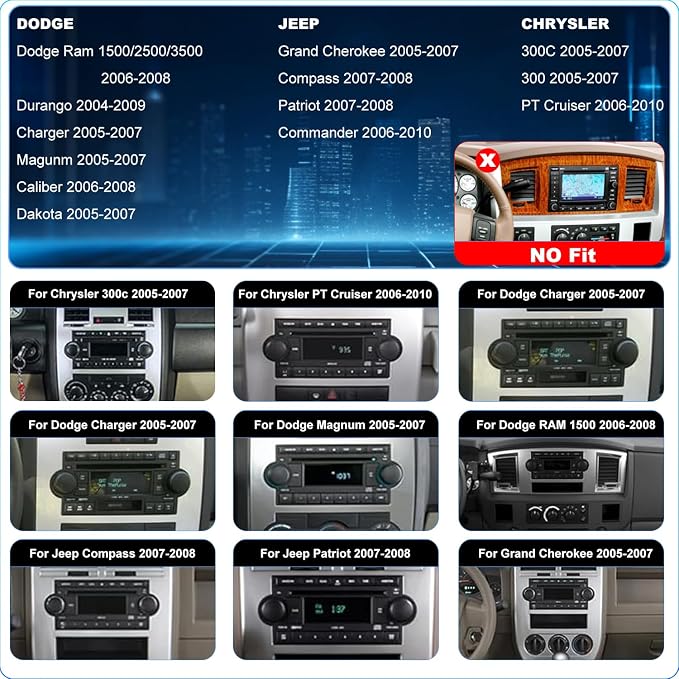 Radio Upgrade for Dodge Ram 1500/2500/3500 2006-2008, Jeep Compass Patriot 2007-2008, Grand Cherokee 2005-2007, Chrysler 300/300c 2005-2007, Wireless CarPlay Android 6.86" Stereo Back Camera WiFi GPS