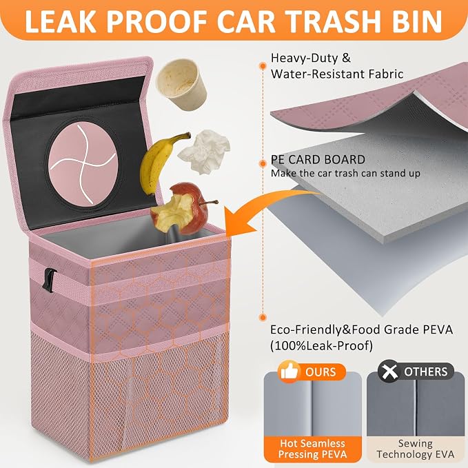 Car Trash Can Cute Trash Bag Bin Hanging Waterproof Automotive Garbage Cans Leak Proof Vehicle Trash Can Diamond Pattern-Pink