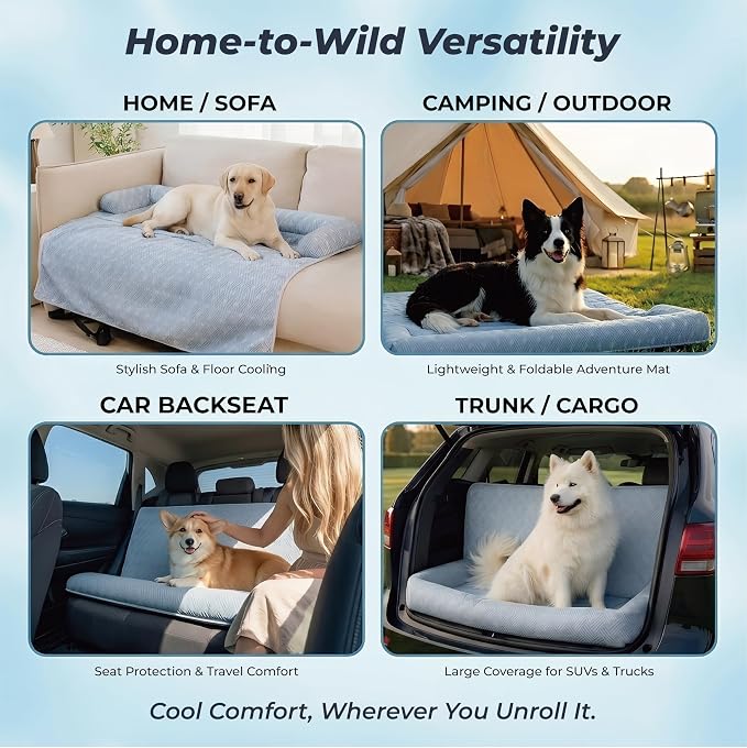 Premium Cooling Dog Car Seat Mat for Medium-to-Large Dogs, Breathable Dog Car Mat for Back Seat Travel, Cool-to-Touch Washable Pet Travel Lounge with Supportive Bolster