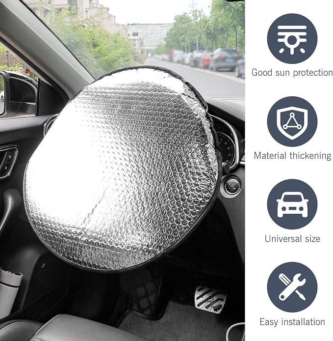 Car Steering Wheel Sun Shade, Steering Wheel Cover, Sun Heat Shield Anti-Heat Aluminum Foil Steering Wheel Shade, Heat Shield, Universal Car UV Protector (18.11 x 18.11Inch)