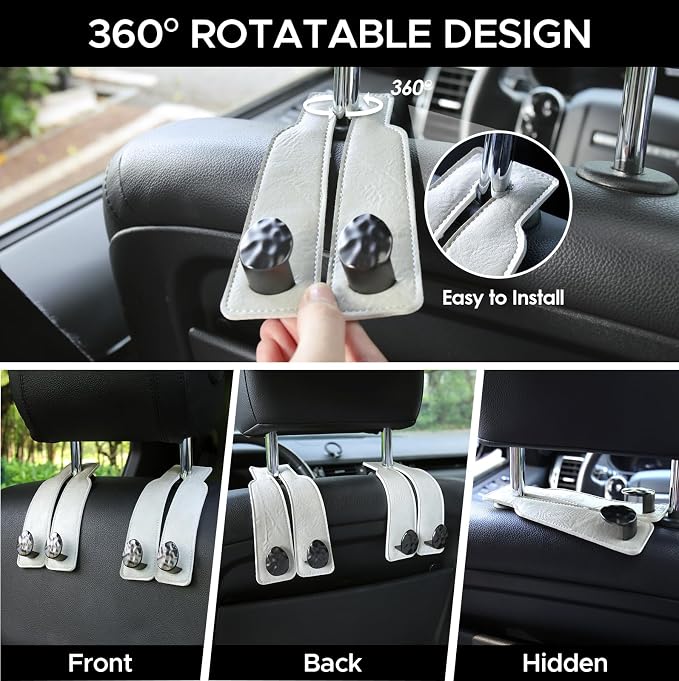 Leather Car Purse Hook for Headrest, 4 Pack, White-Black | Twin Hooks Headrest Hangers, 2/4 Pack, No-Slip, Scratch-Proof, Holds Purses, Backpacks, Grocery Bags, Car Organizer Gift
