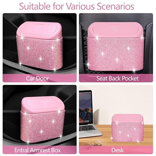 Bling Pink Car Trash Can with Lid - 2 Pack, Mini Auto Garbage Can with 60 Trash Bags, Automotive Garbage Container Bin, Bling Car Accessories Trash Can for Women (Pink Diamond)