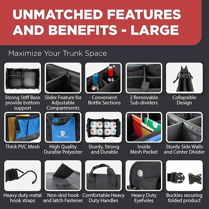 Car Trunk Organizers | Trunk Organizer, Car Storage Organizer - Premium Compartments Collapsible Portable car trunk organizers and storage for SUV (Large Capacity)