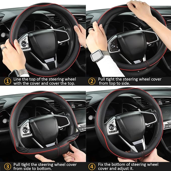 Microfiber Leather Car Steering Wheel Cover for Honda Civic, CR-Z, Insight, S2000,14-14.25 inch (Black+Red Line-Small Size)