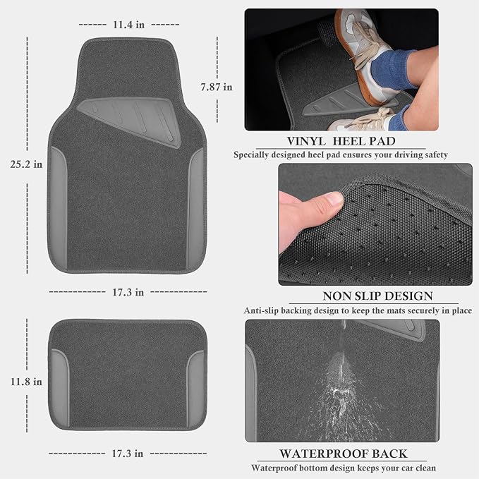 Microfiber Leather Steering Wheel Cover and Waterproof Car Floor Mats,Universal Car Combo Fit for 95% Sedan,SUV,Cars,14.5-15inch Anti-Slip Safety Comfortable Faux Leather Design(Solid Gray)