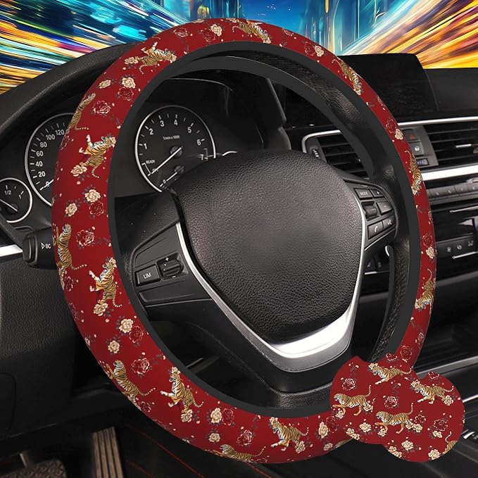 Chinoiserie Tiger and Peony Floral Steering Wheel Cover for Women, Anti-Slip Car Steering Wheel Cover with 2 Pcs Cup Holders Neoprene Breathable Car Accessories Universal 15 Inch Auto Interior Decor