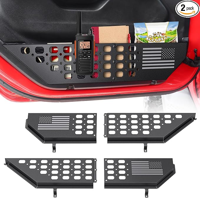 Metal Front Door Pocket Storage Box for Jeep Wrangler JL JLU 4XE 2018-2026 & Gladiator JT 2020-2023 2024 2025 2026 Accessories Door Organizer Storage (Not for Power Seats), Flat Flag, 2PCS
