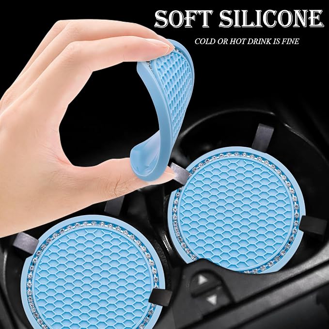 4PCS Bling Cup Holder Coaster, 2.75 Inch Auto Car Cup Holder Insert Coasters, Soft Silicone Anti-Slip Shockproof, Universal Vehicle Interior Accessories for Women Girls (Light Blue & White)