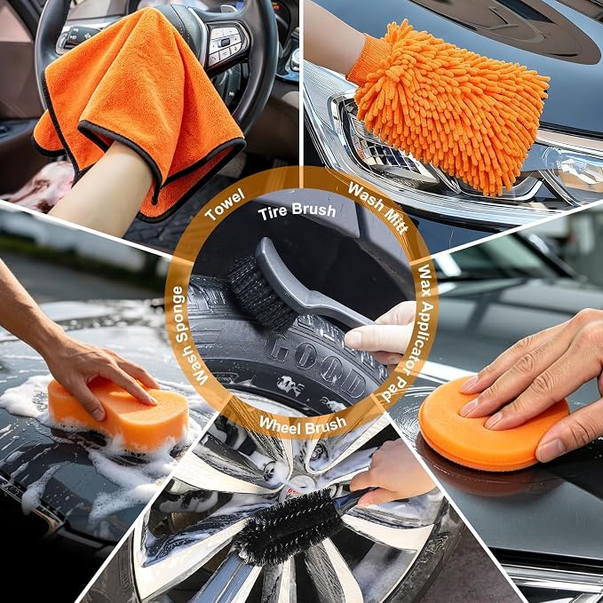 Car Wash Detailing Kit Cleaning Set with Foam Gun Sprayer, Long-Handle Brush, Large Wash Mitt, Towels, Complete Interior & Exterior Car Washing Supply Set (Orange)