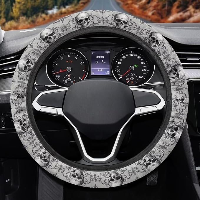 Steering Wheel Protection for Most Cars Interior Accessories | Skull Bat Grey Automotive Steering Wheel Cushion, Halloween Decor, Anti-slip Universal 14-15 inch, Easy Install