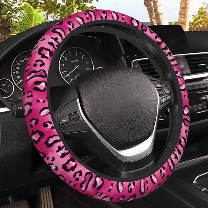Watercolor Pink Leopard Car Steering Wheel Cover, Non-Slip Absorbing Sweat Car Wheel Cover Accessories for Men Women,Universal 15" Fit Auto SUV Vans Trucks