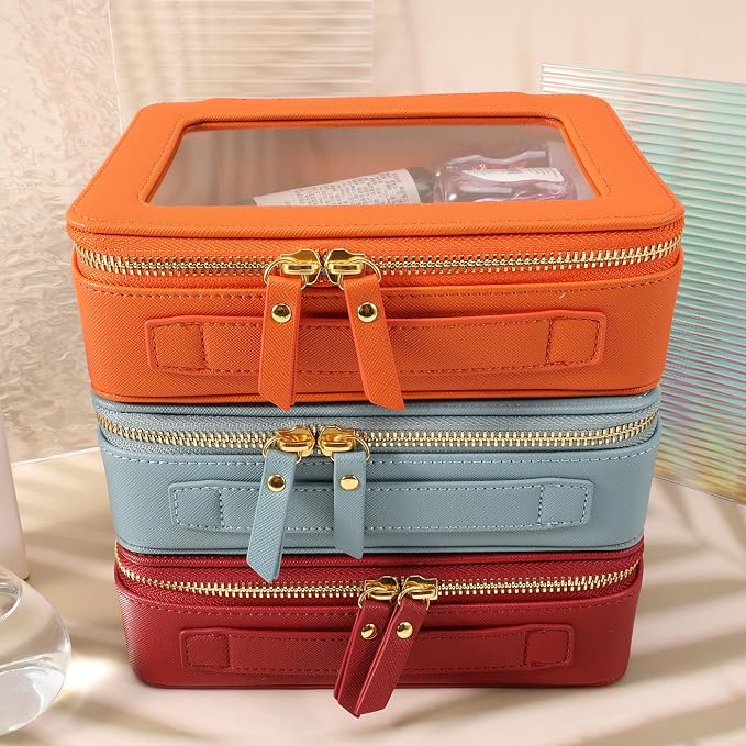 Toiletry bag waterproof cosmetic organizer with with handle large opening for travelling car organizers (Orange)