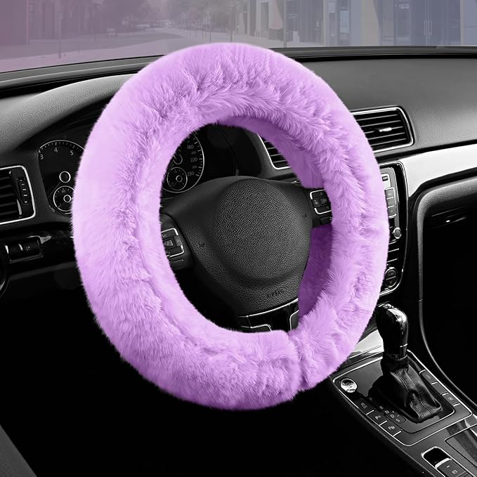 Steering Wheel Cover, Fluffy Car Wheel Covers for Women/Girls/Ladies，Soft Wool Fur Steering Wheel Protector, Universal 14 1/2 inches to 15 inches - Purple