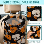 Car Garbage Bag Orange and White Floral and Butterfly Drawstring Car Trash Bag Hanging for Back Seat with Adjustable Buckle Canvas Vehicle Trash Can Easy-to-Install