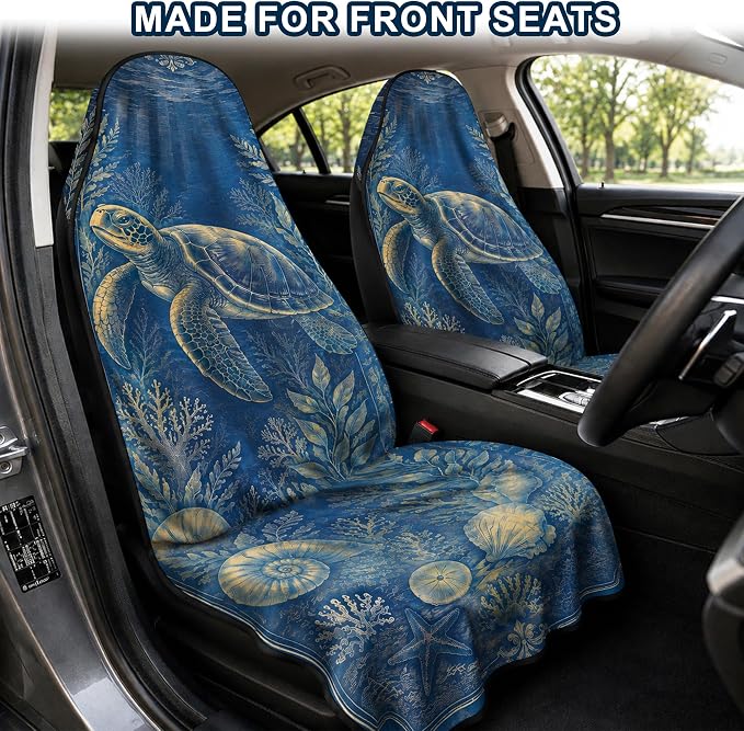 Car Seat Towel Cover 2 Pack for Front Seats, Sweat Absorbent Car Seat Protector with Non-Slip Backing, Waterproof Towel Car Seat Covers for Runners, Gym, Swimming, Beach, Vintage Sea Turtle