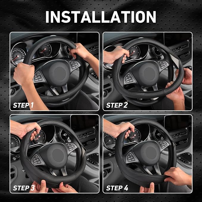 Black Car Steering Wheel Cover Medium Size 14.5-15 inch (37-39 cm), Breathable Microfiber Leather