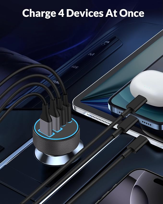 for iPhone 17 16 15 Pro Max Car Charger, 2-Pack 90W 4-Port Car Charger USB C Fast Charge Cigarette Lighter Adapter Accessories with 240W 3FT USB C Cable for iPhone 17/17 Pro/Air/16/15 Pro Max, Android