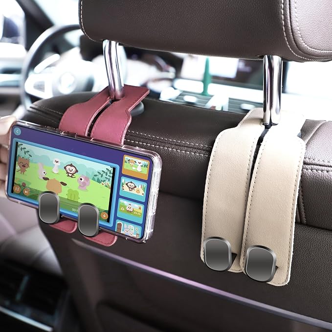 Amelity Car Headrest Hooks, Purse Hook for Vehicle 4 Pack Beige | Universal Car Interior Accessories for Women, Available in 2/4 Pack, Storage Hanger Holds Purses, Backpacks, Grocery Bags