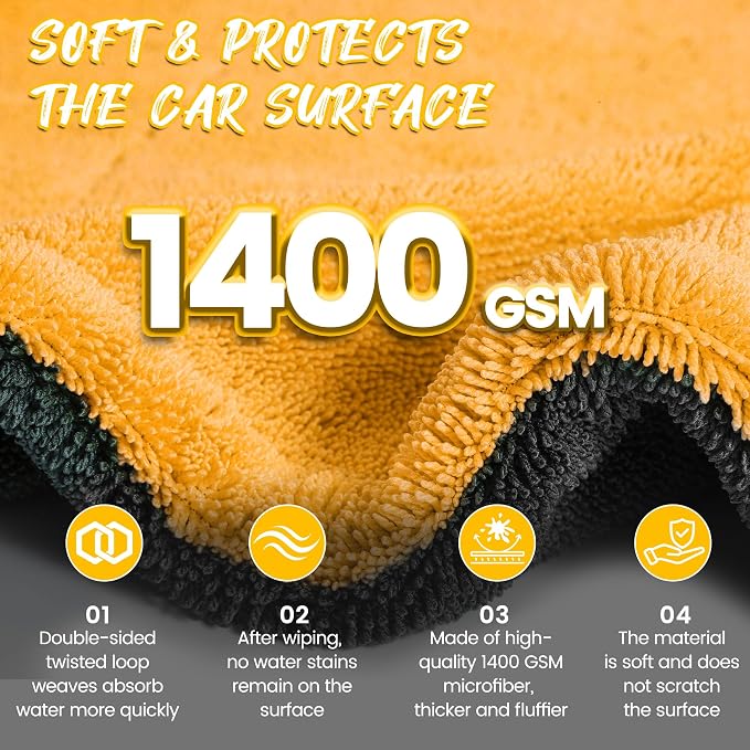 PUGPIU 1400GSM Extra Large Microfiber Car Drying Towel Detailing 48"X24" | Flash Detail Car Wash Drying Towel Edgeless with Two Sided Soft Twisted-Loop, No Water Spots Streaks for Auto Car (Yellow)