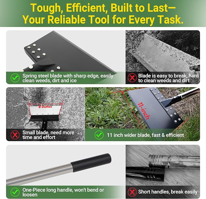 63 Inch One-Piece Handle Weed Scraper Garden Flat Shovel Floor Scraper Long Handle Heavy Duty Multi Weeding Shovel with 11 Inch Spring Steel Blade for Ice, Weed, Dirty, Moss, Lawn Edging