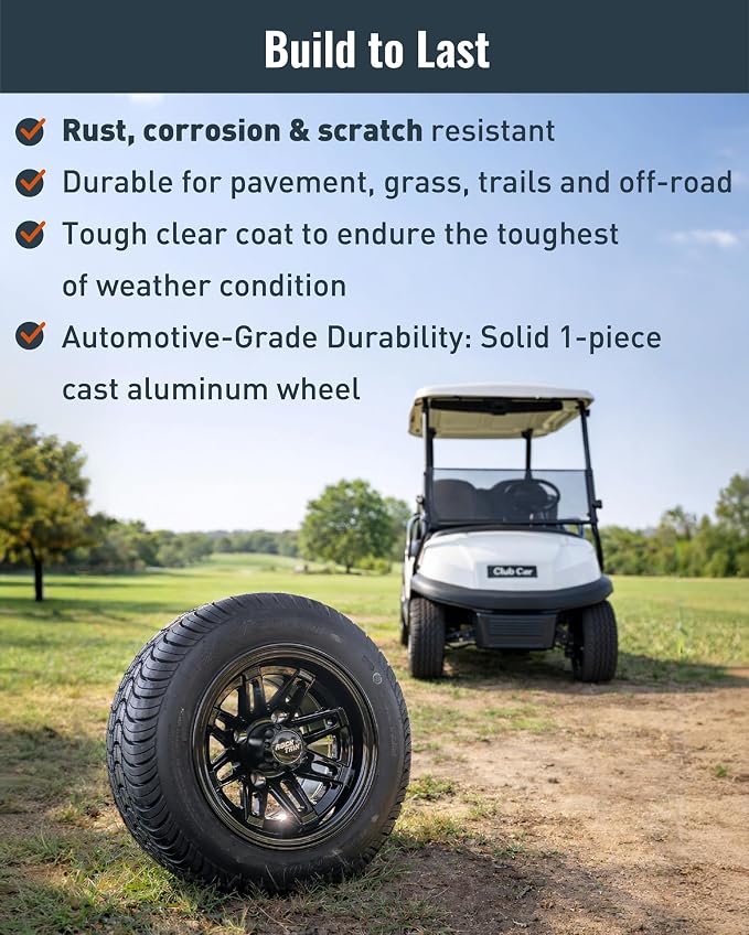 10 inch Golf Cart Wheel Tire Combo Kit, RT103 Gloss Black 10x7 Rim 205/50-10 Low Profile Tire, No Lift Kit Required, Fits Club Car Precedent EZGO TXT RXV Yamaha G1-G29, One Single