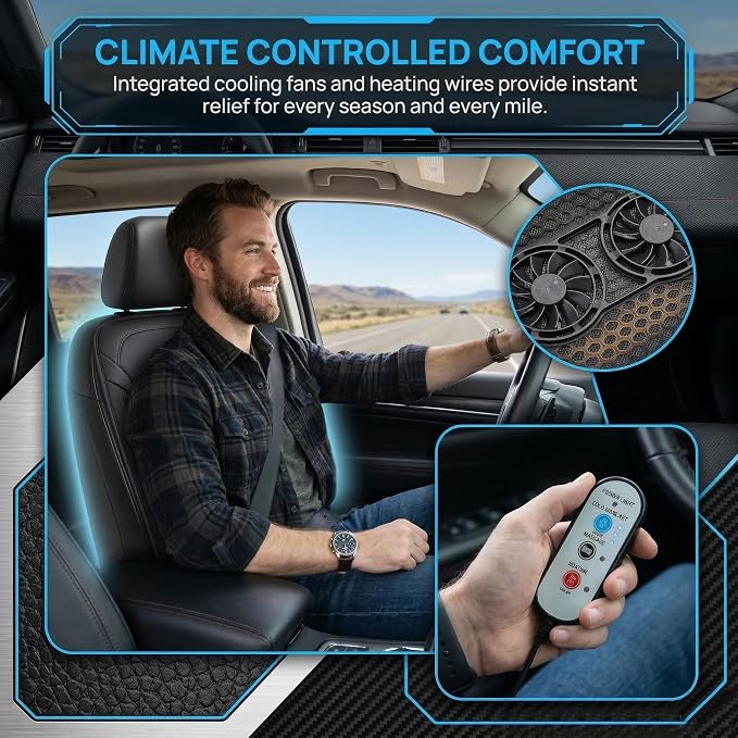 3-in-1 Cooling Car Seat Cushion with Ventilated Fans & Massage, Breathable Front Seat Cooling Seat Cover, 12V Universal Car Seat Cover for Cars, SUVs, Trucks (Black-3)