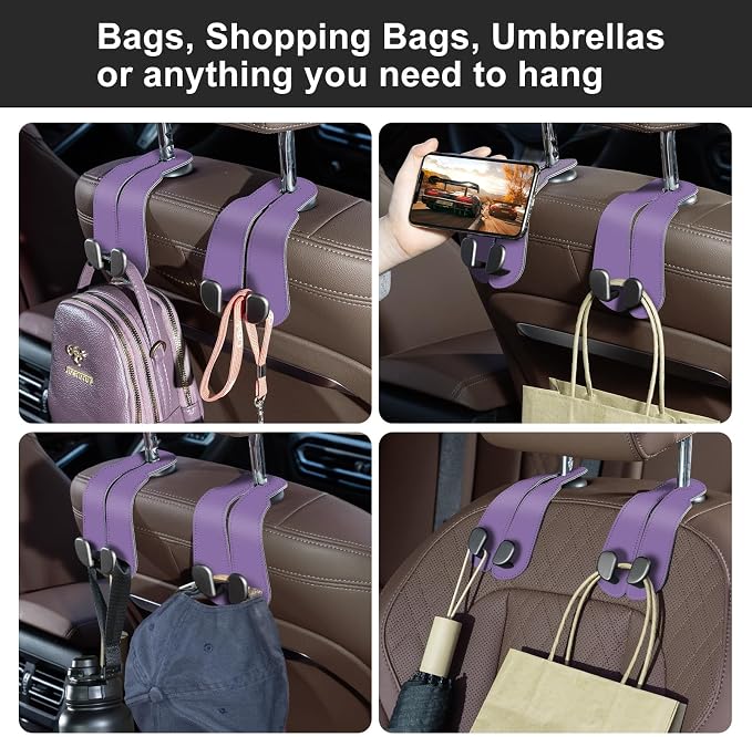 CoBak Purse Hook for Car - Universal Premium Stitched Leather and Aluminum-Magnesium Alloy Double Car Seat Back Storage Hook for Purses, Handbags, Bags (2 Pack),Amethyst Purple