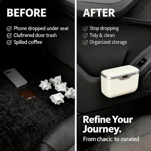 Car Trash Can with Lid - Leakproof Mini Garbage Bin for Door or Seatback,Premium ABS Auto Organizer,Space-Saving Car Garbage Can for Commuters,Families and Pet Owners,Fit for SUV,Sedan,Truck (Beige)