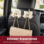 2 PCS Bow Pearl Car Seat Headrest Hook, Car Seatback Hanging Organizer Elegant Pearl Purse Hanger, Cute Bow Vehicle Interior Headrest Storage Hook for Handbag Purse Coat (Beige)