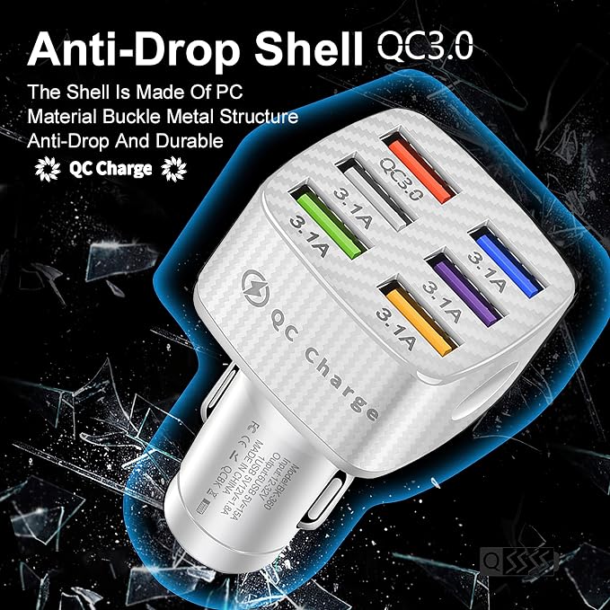 Car Charger Adapter, 6 USB Multi Port, Fast Charger, Include QC 3.0 and 5 Other Ports, Car Interior Accessories, Fit for iPhone 13/12/11/pro, Samsung Galaxy/Note S10/S9/S8 - White（2PCS）