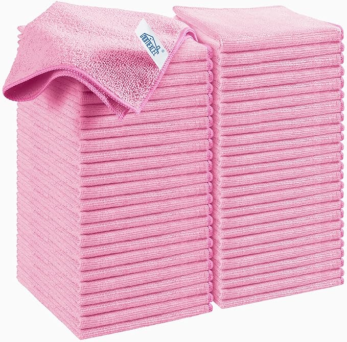 Pink Microfiber Cleaning Cloth, 50 Pack Cleaning Towels for Kitchen, Lint Free, Scratch-Free, Highly Absorbent, and Reusable Cleaning Rags for House, Window and Glass, Cars, 11.5 X11.5 inch