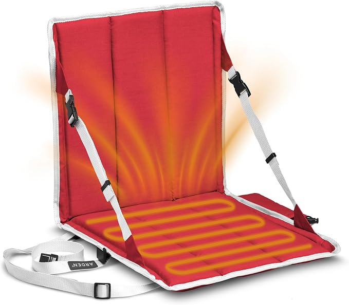 Heated Stadium Seat, Foldable, Lightweight with Carrying Strap, Foam Cushion for Comfort, Adjustable, Back Support, Multi-Functional Use As Stadium Seat or Seat Pad, Red/White