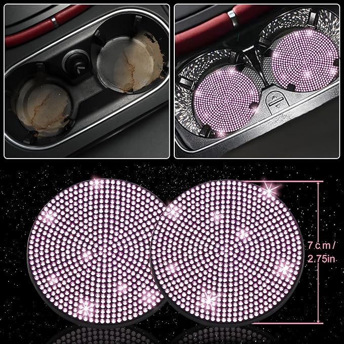 27-Piece Bling Car Accessories Set - Universal Fit Steering Wheel Covers, License Plate Frames, Phone Holder, Car Fast Charger, Coasters (Pink)