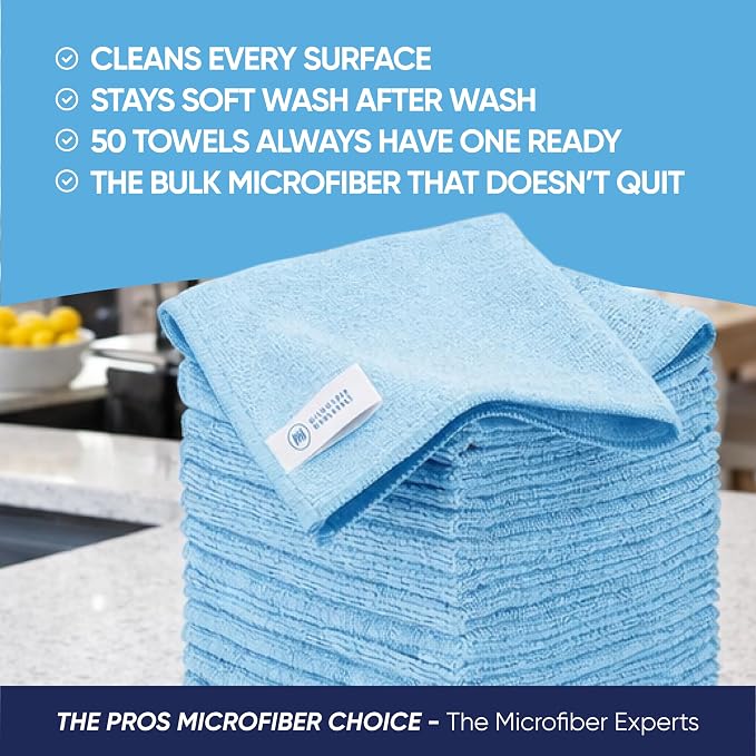 12" x 12" Microfiber Cleaning Cloths (50 Pack) - Reusable Towels, Wash Rags, Dust Cloth, All-Purpose: Kitchen, Dish, Cars, Shop, Glass (White)