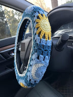 Handmade Crochet Sun and Moon Car Steering Wheel Covers Universal 14-15 inch for Women and Men (Steering Wheel Cover+2 Belt Cover)