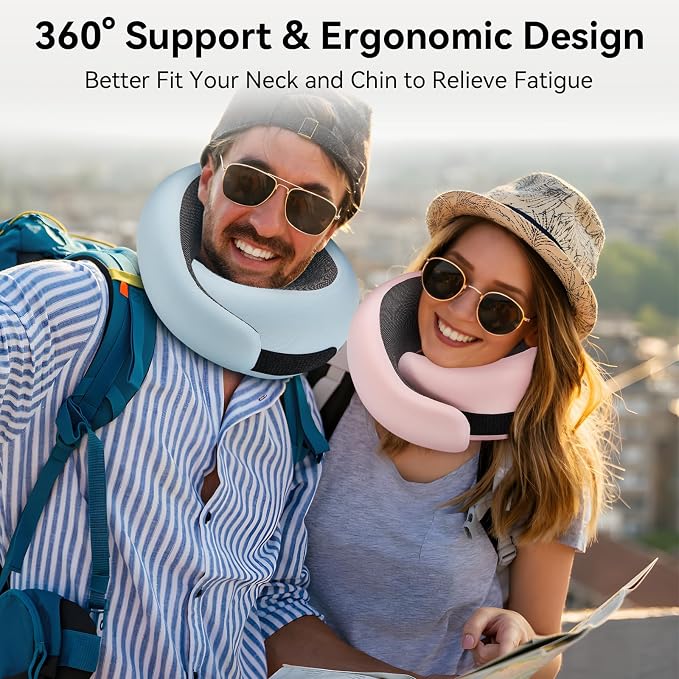 Travel Pillow, 100% Pure Memory Foam Travel Neck Pillow Airplane Neck Support Ergonomic Design Best for Sleeping Plane Car Train Office Flight for Adults Grey