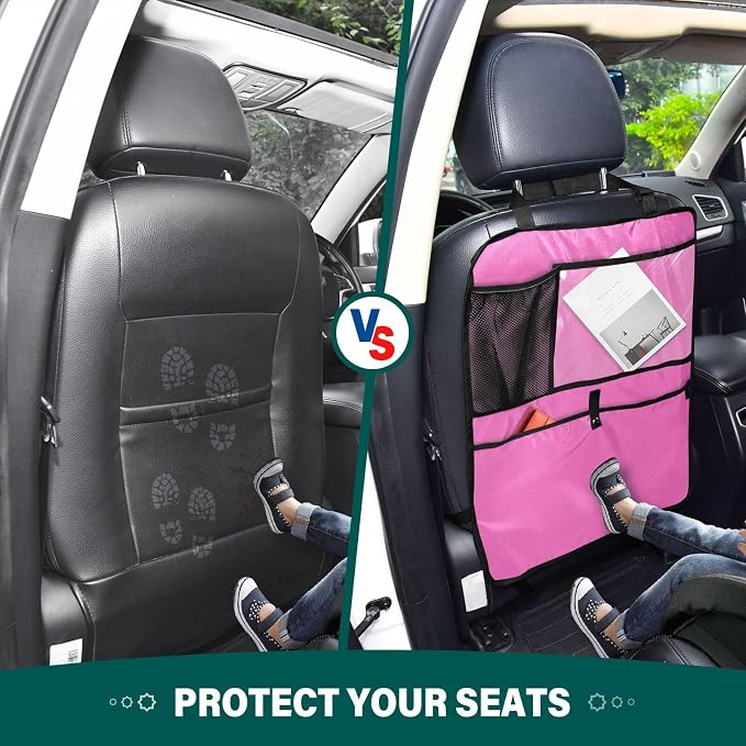 Hot Pink Car Seat Organizer for Kids Backseat Kick Mat with Adjustable Strap Backseat Protector for Vehicle SUV Cars 1 Pcs