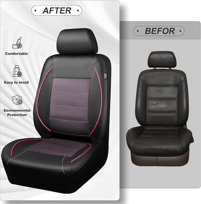 Piping PU Leather Car Seat Cover Full Set,Inside Zipper Design and Reserved Opening Holes，Airbag Compatible,Universal FIT for Car, SUVs,Van,Trucks（Full Set, Black & Pink）
