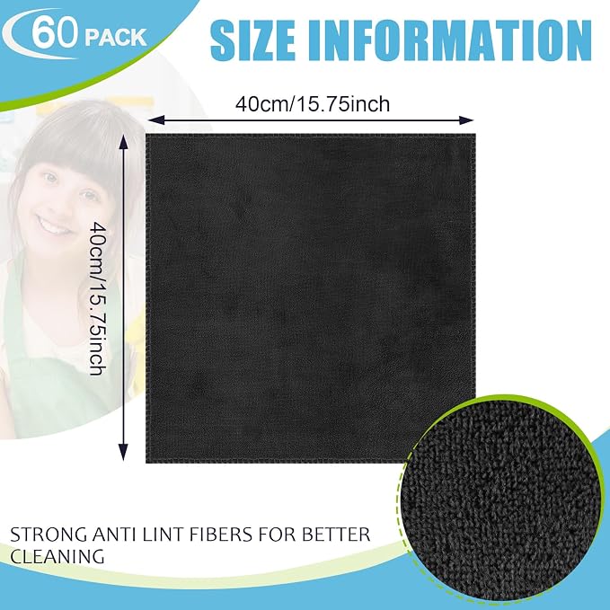 Microfiber Cleaning Cloths for Cars 16 x 16 Inch Ultra Absorbent Car Towels Drying Reusable Cleaning Supplies House Kitchen Window Microfiber Towel(Black,60 Pcs)