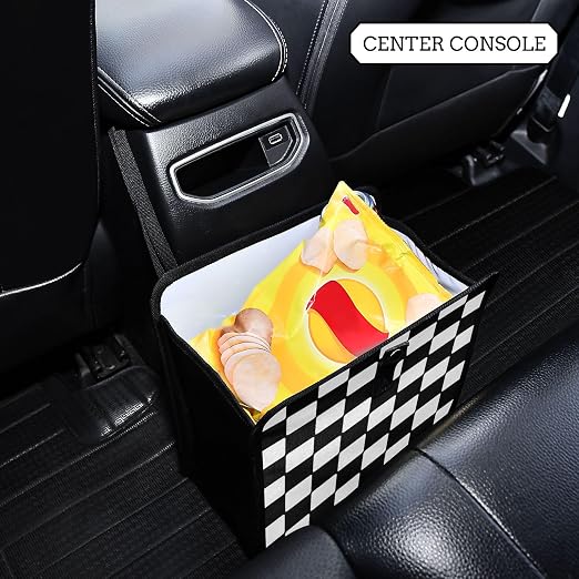 Car Trash Can Car Organizer Car Garbage Can with Adjustable Strap for Back Front Seat Console Waterproof Leakproof Collapsible Portable 11 Inch Checkerboard