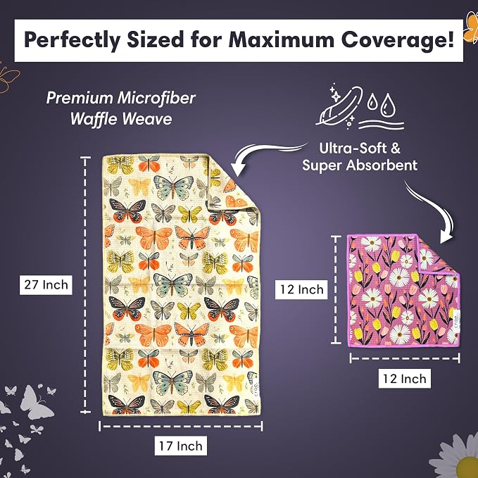 Microfiber Hand Towel & Washcloth Set of 2 - Double-Sided, Waffle Weave, Super Absorbent, Lint-Free, Fast Drying - for Bathroom, Kitchen, Car, and Window Cleaning (Wings & Flower Farm - Purple/Cream)