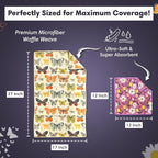 Microfiber Hand Towel & Washcloth Set of 2 - Double-Sided, Waffle Weave, Super Absorbent, Lint-Free, Fast Drying - for Bathroom, Kitchen, Car, and Window Cleaning (Wings & Flower Farm - Purple/Cream)