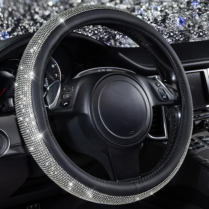 Diamond Black Leather Steering Wheel Cover, with Bling Crystal Rhinestones Universal Fit 14" 1/2-15" Crystal Glitter for Women Sparkle Girl Fit Suvs,Vans,Sedans,Cars,Trucks, White Diamond