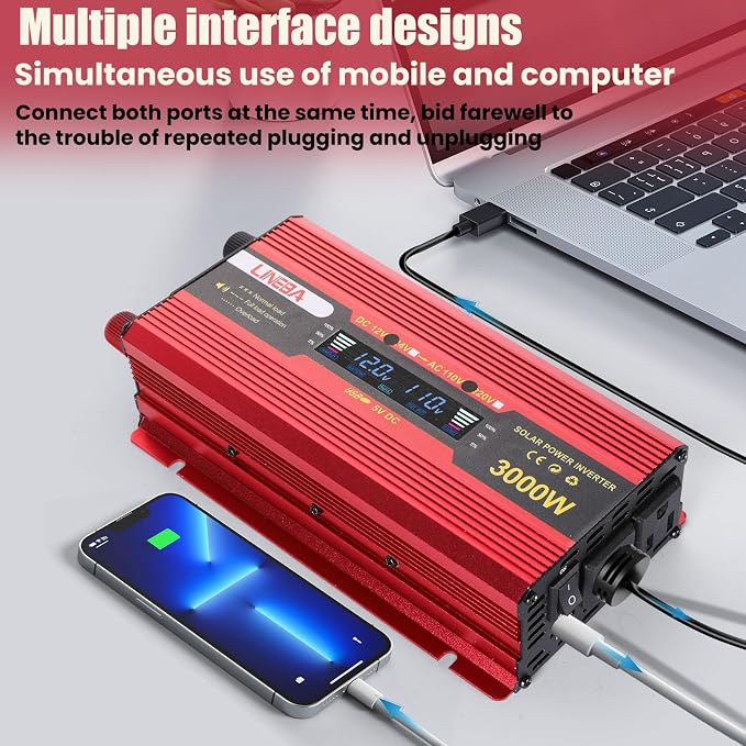 3000 Watt Power Inverter with LED Display,Dual AC Outlets,USB Port, 12V DC to 110V AC Converter Car Power Inverter for Vehicles, Car, RV, Truck, Off Grid Solar System, Outdoor Camping